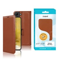 Etui portefeuille Zanae marron pour Samsung Galaxy S22 Plus posant sur une table.
