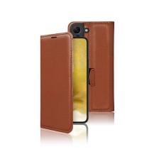 Etui portefeuille Zanae marron pour Samsung Galaxy S22 Plus posant sur une table.