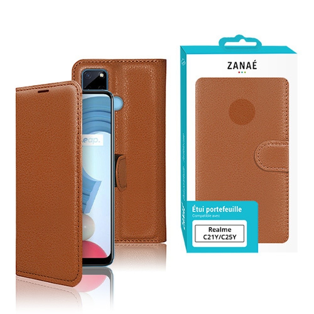 Etui portefeuille marron pour Realme C21Y et C25Y