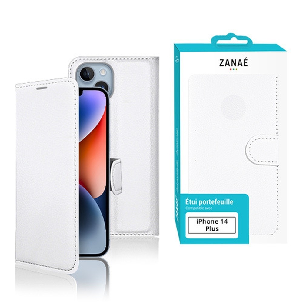 Étui portefeuille Zanae blanc pour iPhone 14 Plus.