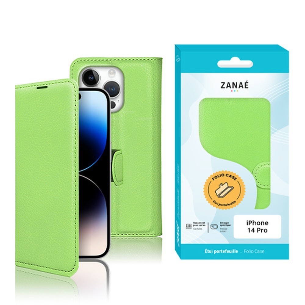 Etui Portefeuille Zanae vert pour iPhone 14 Pro