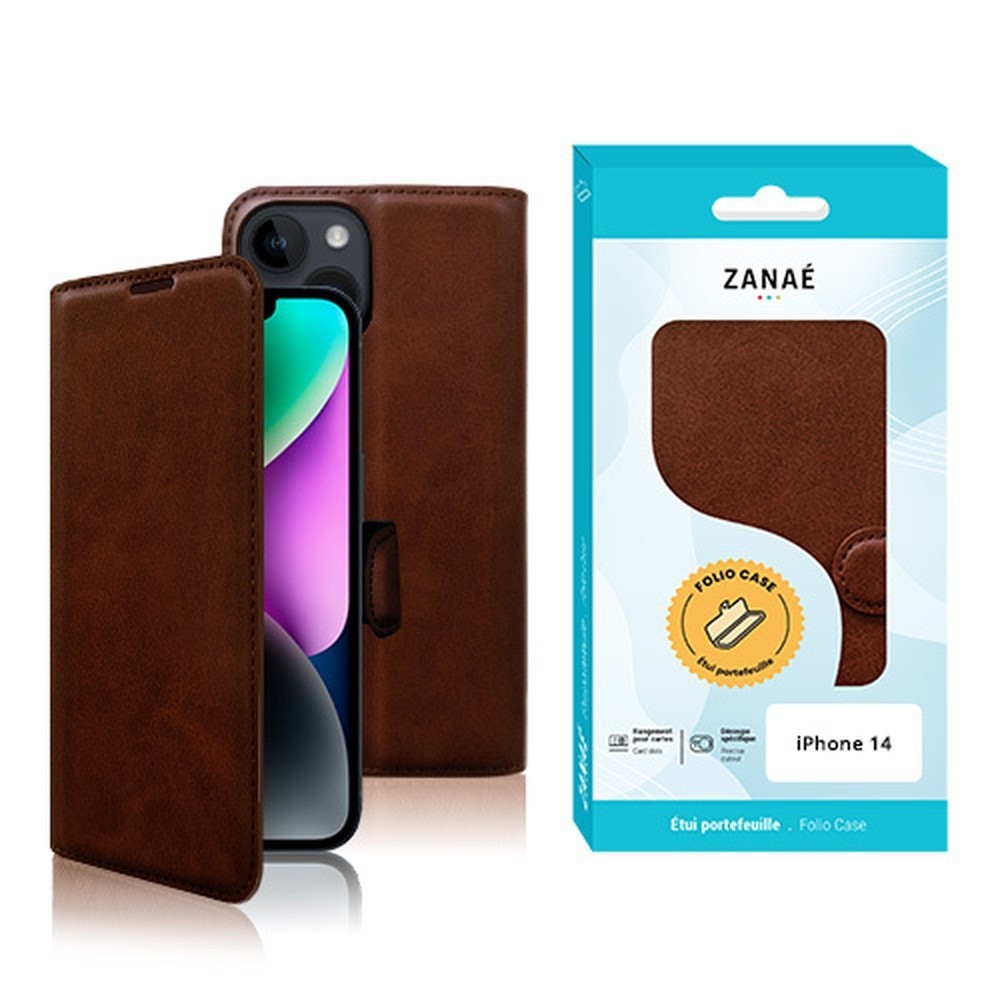 Etui Portefeuille pour iPhone 14 couleur marron