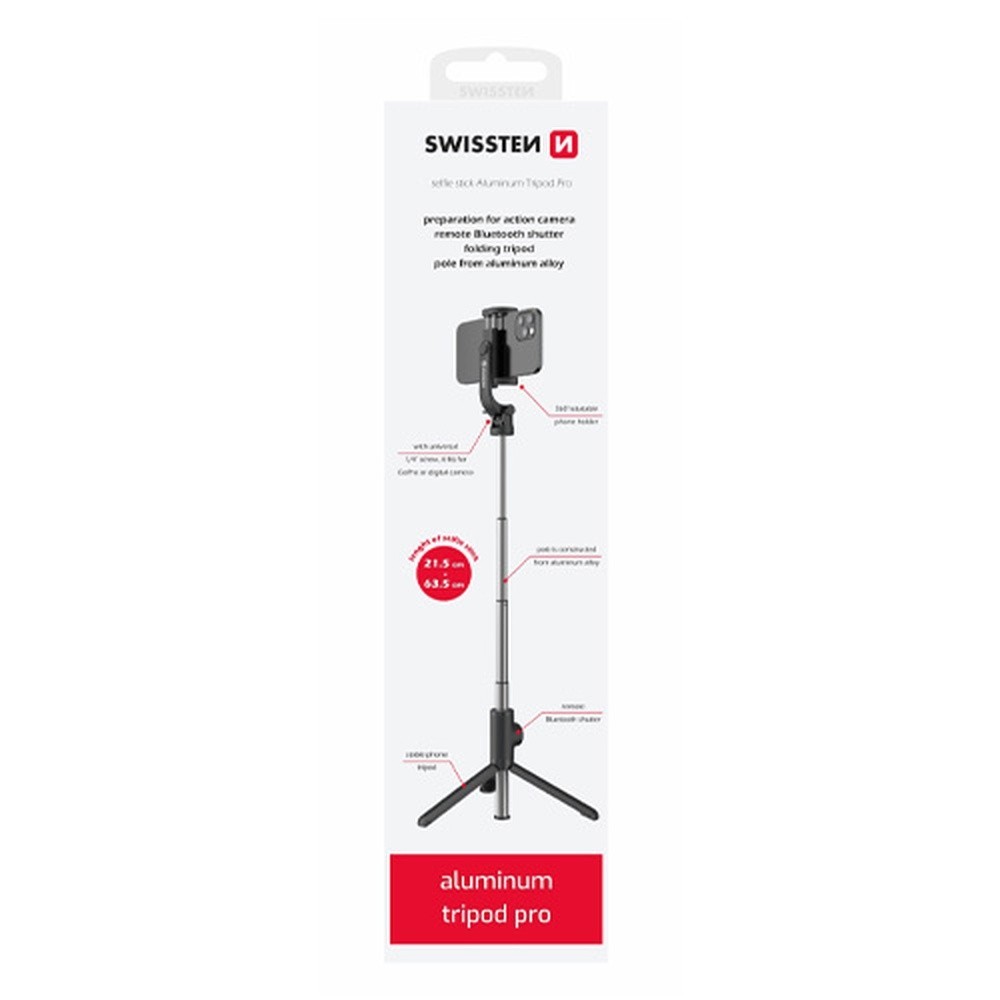 Perche à selfie Swissten Tripod Pro en aluminium noir avec commande Bluetooth