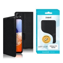 Etui portefeuille noir pour Galaxy A14 montrant le rangement pour cartes et la coque intérieure souple.