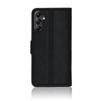 Etui portefeuille noir pour Galaxy A14 montrant le rangement pour cartes et la coque intérieure souple.