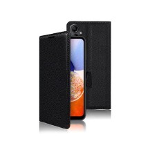 Etui portefeuille noir pour Galaxy A14 montrant le rangement pour cartes et la coque intérieure souple.