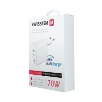 Chargeur USB-C 70W GaN blanc avec 2 ports USB-C et 1 port USB-A