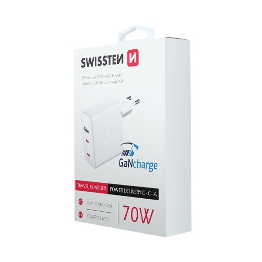 Chargeur USB-C 70W GaN blanc avec 2 ports USB-C et 1 port USB-A