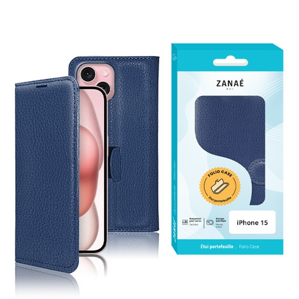 Etui Portefeuille Zanae iPhone 15 Marine