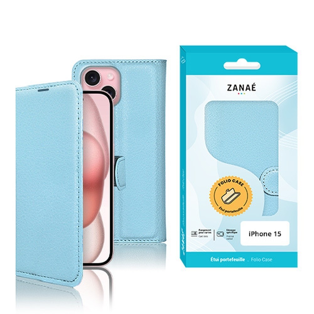 Étui Portefeuille Zanae bleu clair pour iPhone 15