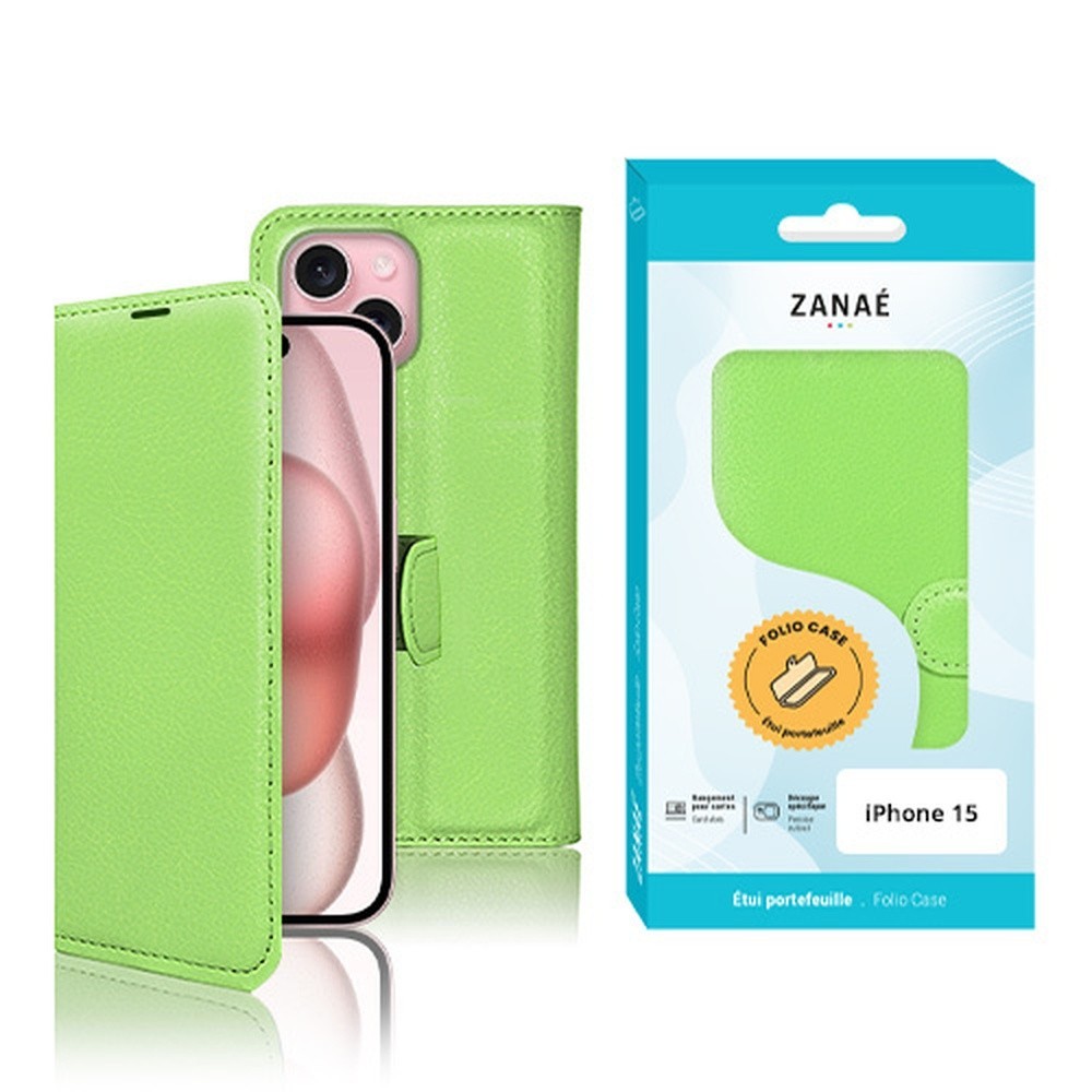 Etui Portefeuille Zanae vert pour iPhone 15