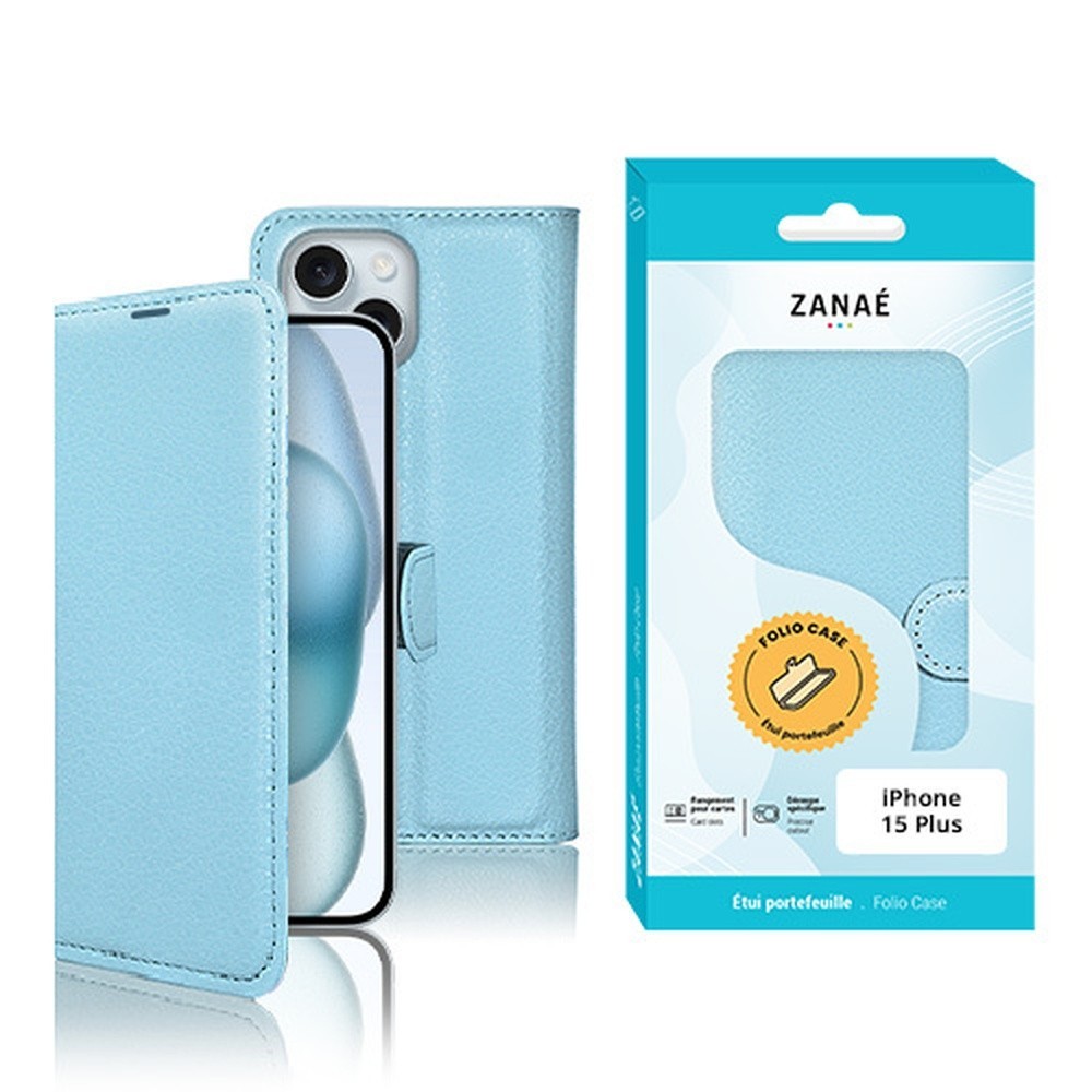 Étui Portefeuille Zanae bleu clair pour iPhone 15 Plus