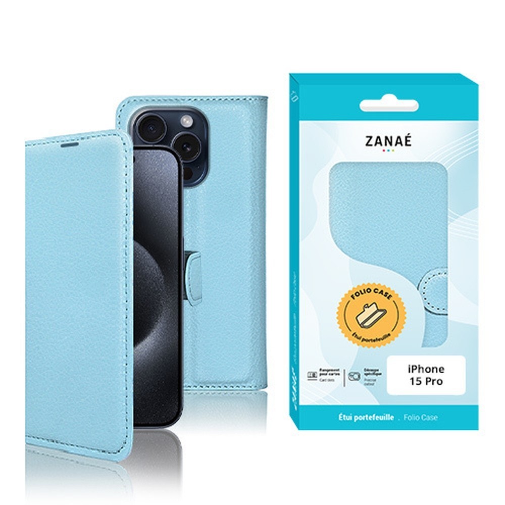 Etui portefeuille Zanae pour iPhone 15 Pro en bleu clair