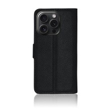 Vue de l'étui portefeuille noir compatible iPhone 15 Pro Max