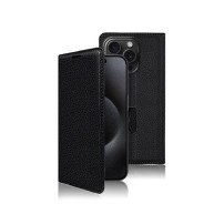 Vue de l'étui portefeuille noir compatible iPhone 15 Pro Max