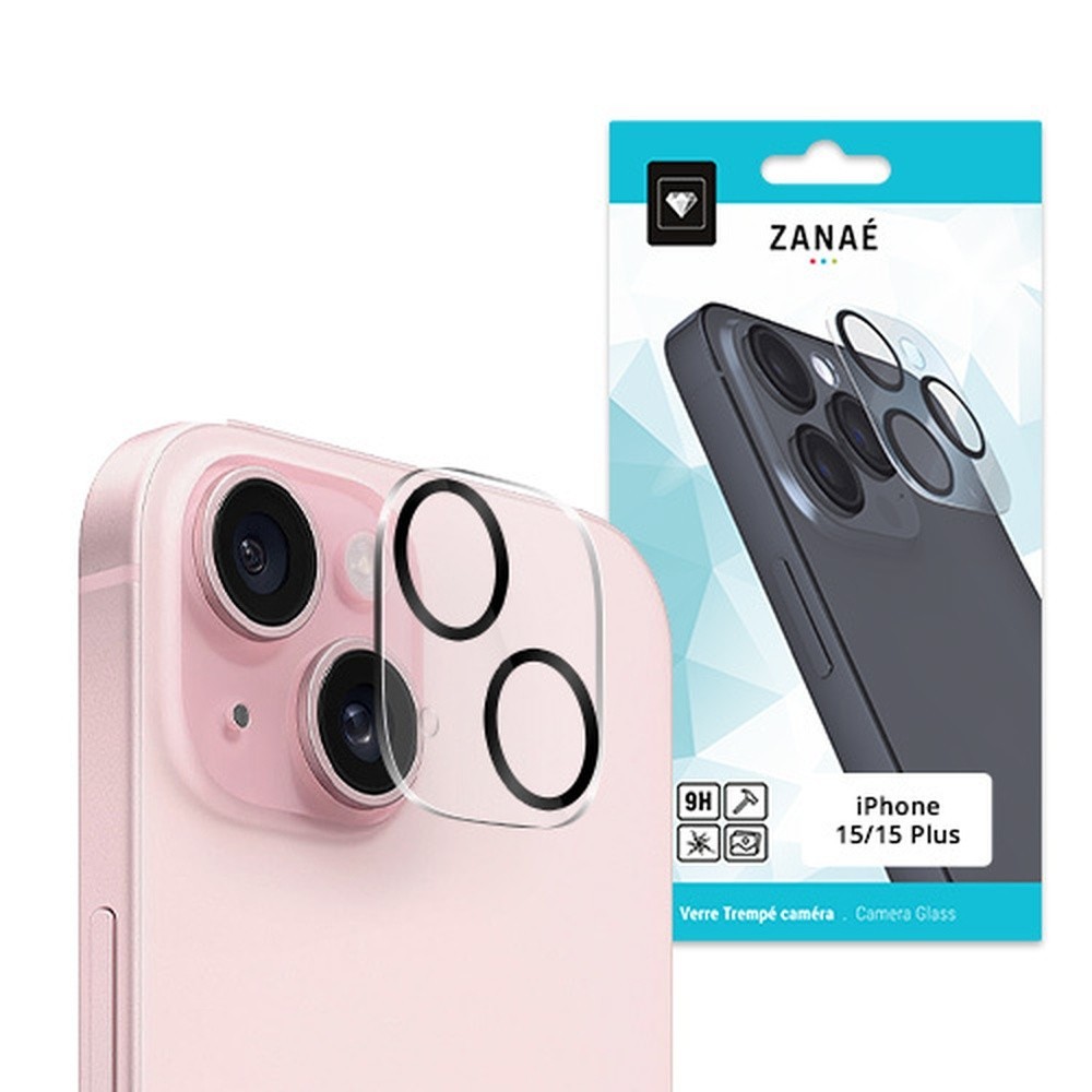 Verre trempé transparent pour caméra d'iPhone 15 et 15 Plus