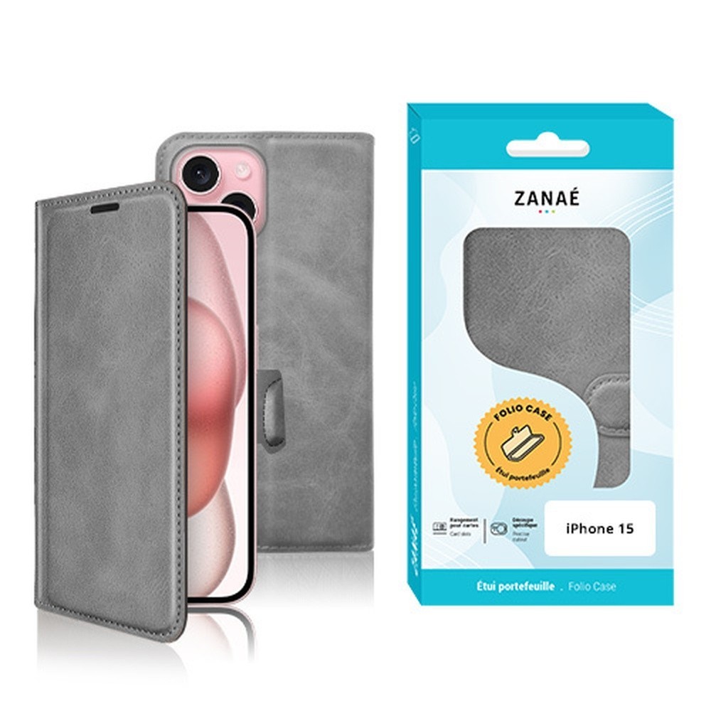 Étui Portefeuille Zanae Columbia pour iPhone 15 en Gris
